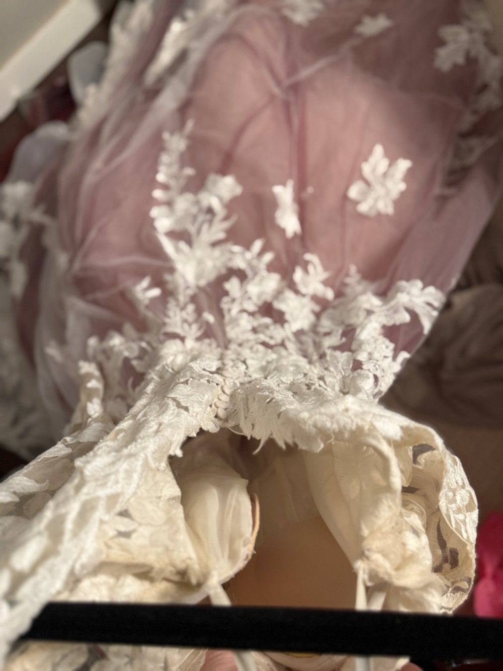 Justin Alexander Lace Pattern Long Dress With Pink/Bugundy Underlay & Ivory(TRR) - Picture 8 of 15